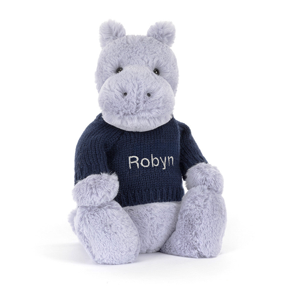 Jellycat Bashful Hippo with Personalized Navy Jumper