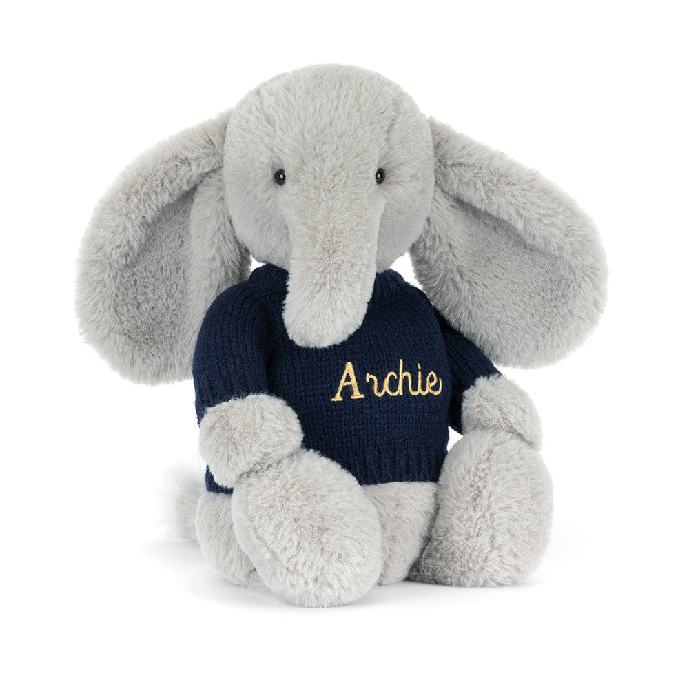 Jellycat Bashful Luxe Elephant Thuddeus with Personalized Navy Jumper