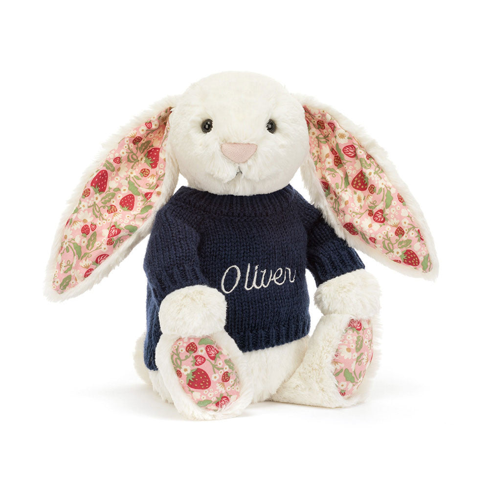Jellycat Blossom Cream Bunny 'Berry' with Personalized Navy Jumper