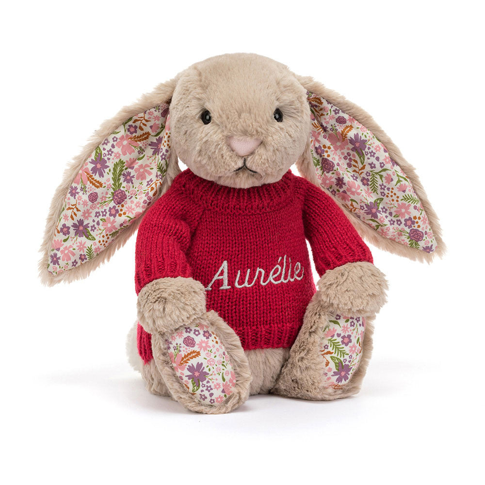 Jellycat Blossom Beige Bunny 'Petal' with Personalized Red Jumper