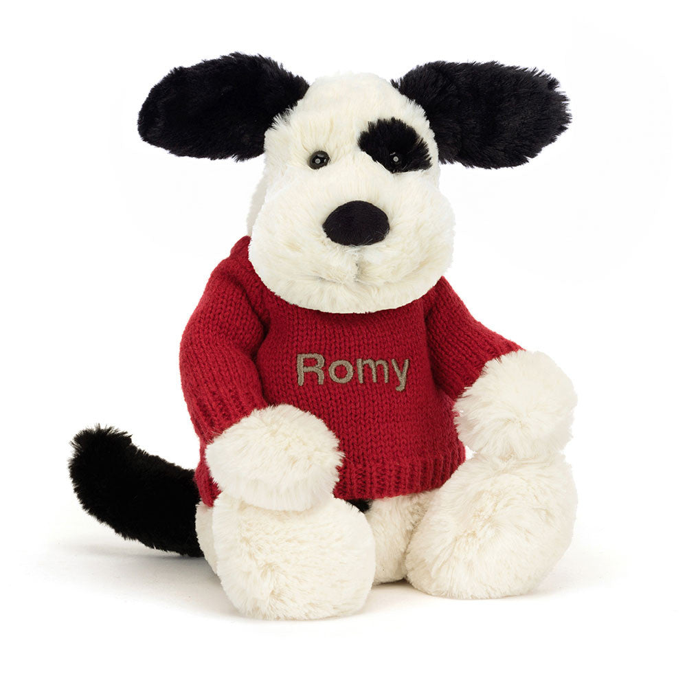 Jellycat Bashful Black & Cream Puppy with Personalized Red Jumper