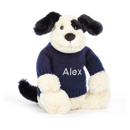 Jellycat Bashful Black & Cream Puppy with Personalized Navy Jumper