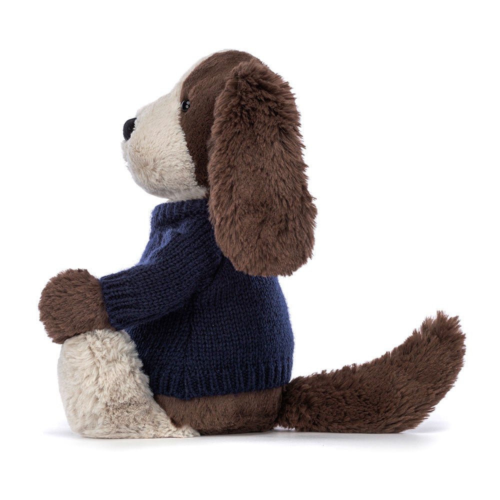 Jellycat Bashful Fudge Puppy with Personalized Navy Jumper