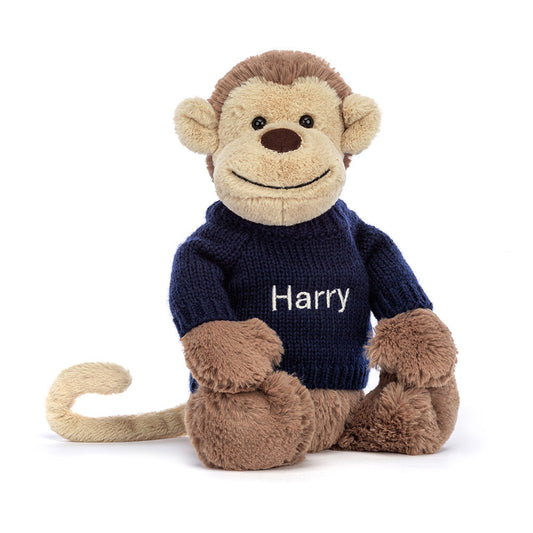 Jellycat Bashful Monkey with Personalized Navy Jumper