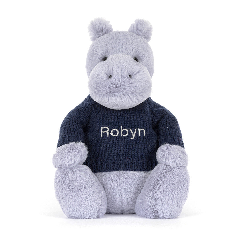 Jellycat Bashful Hippo with Personalized Navy Jumper