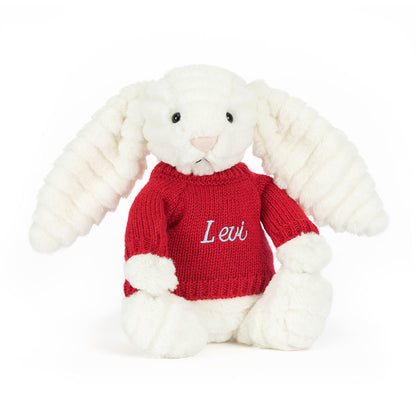Jellycat Bashful Luxe Bunny Nimbus with Personalized Red Jumper