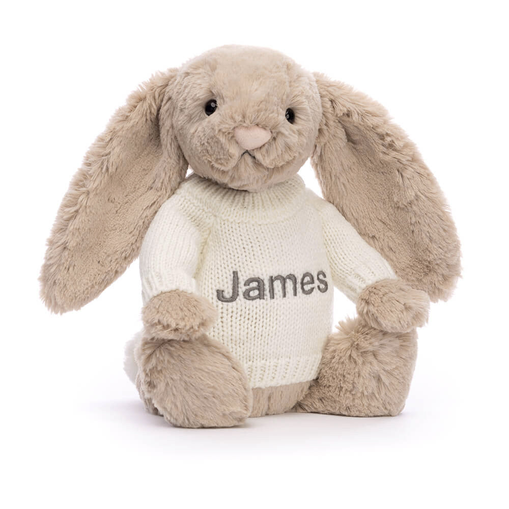 Jellycat Bashful Beige Bunny with Personalized Cream Jumper