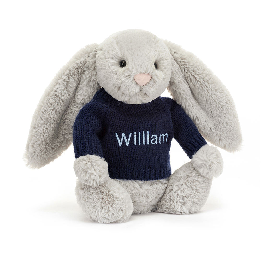 Jellycat Bashful Silver Bunny with Personalized Navy Jumper