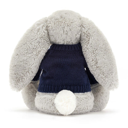 Jellycat Bashful Silver Bunny with Personalized Navy Jumper