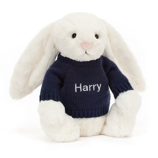 Jellycat Bashful Cream Bunny with Personalized Navy Jumper
