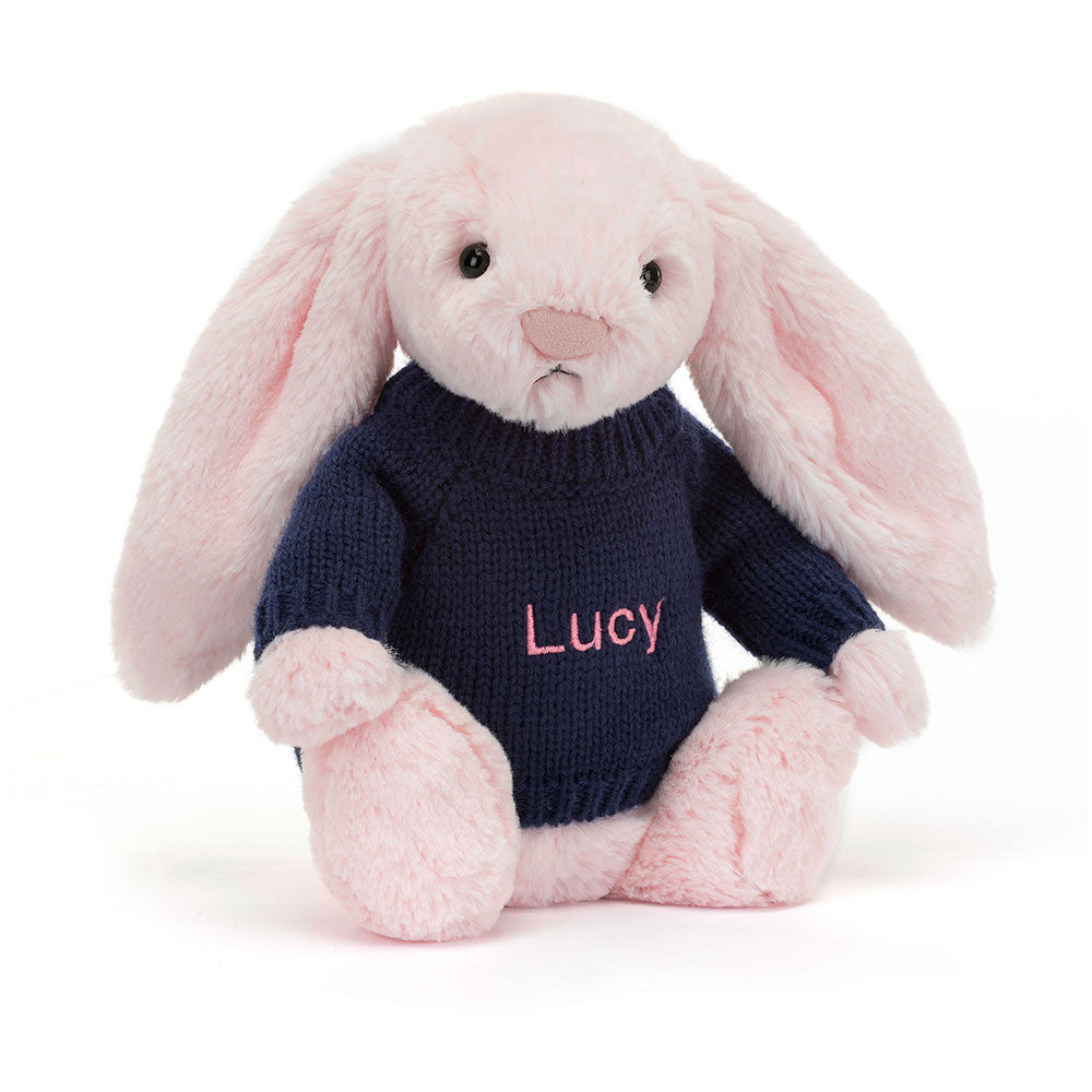 Jellycat Bashful Pink Bunny with Personalized Navy Jumper