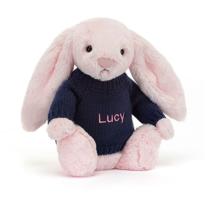 Jellycat Bashful Pink Bunny with Personalized Navy Jumper