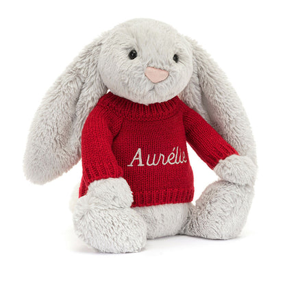 Jellycat Bashful Silver Bunny with Personalized Red Jumper