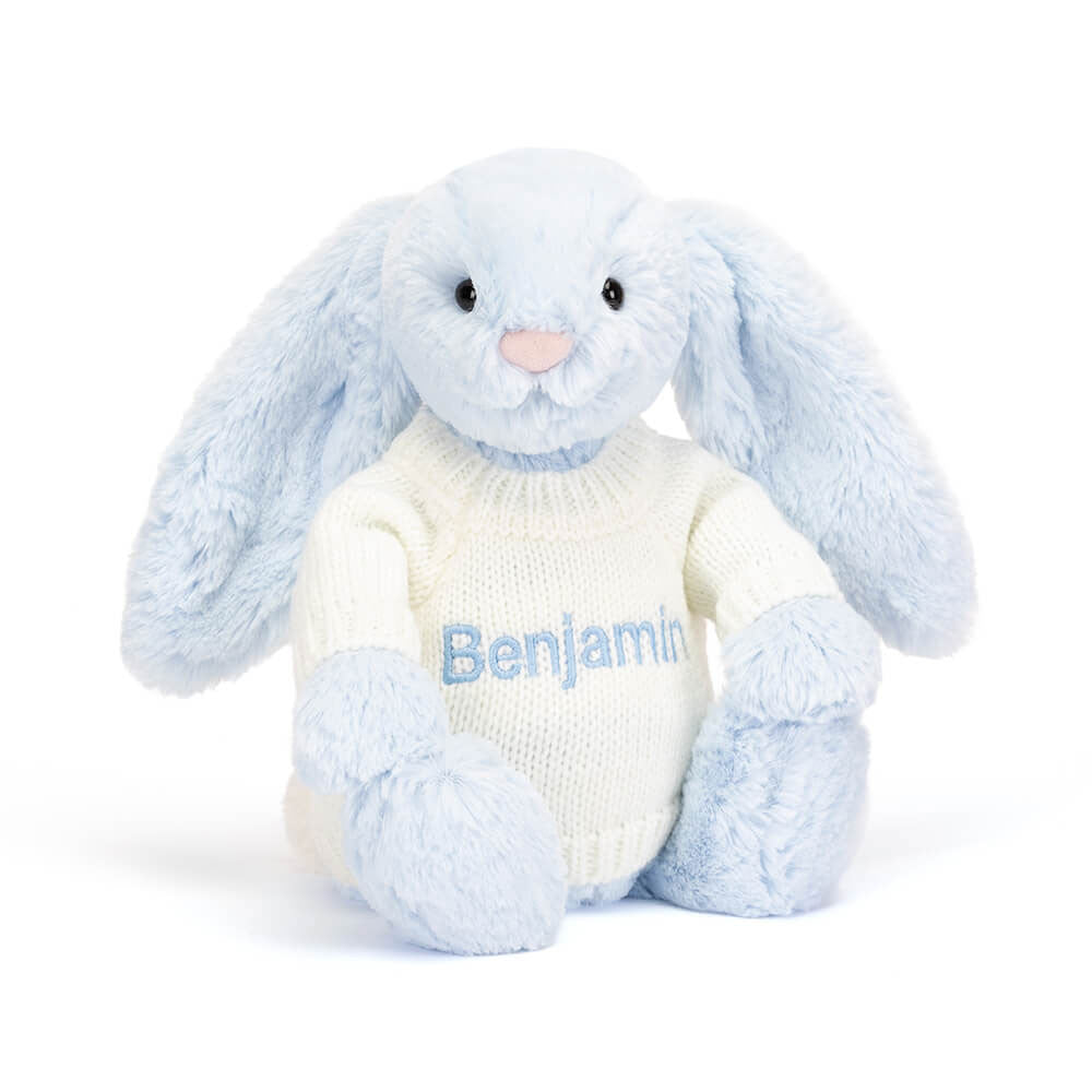 Jellycat Bashful Blue Bunny with Personalized Cream Jumper