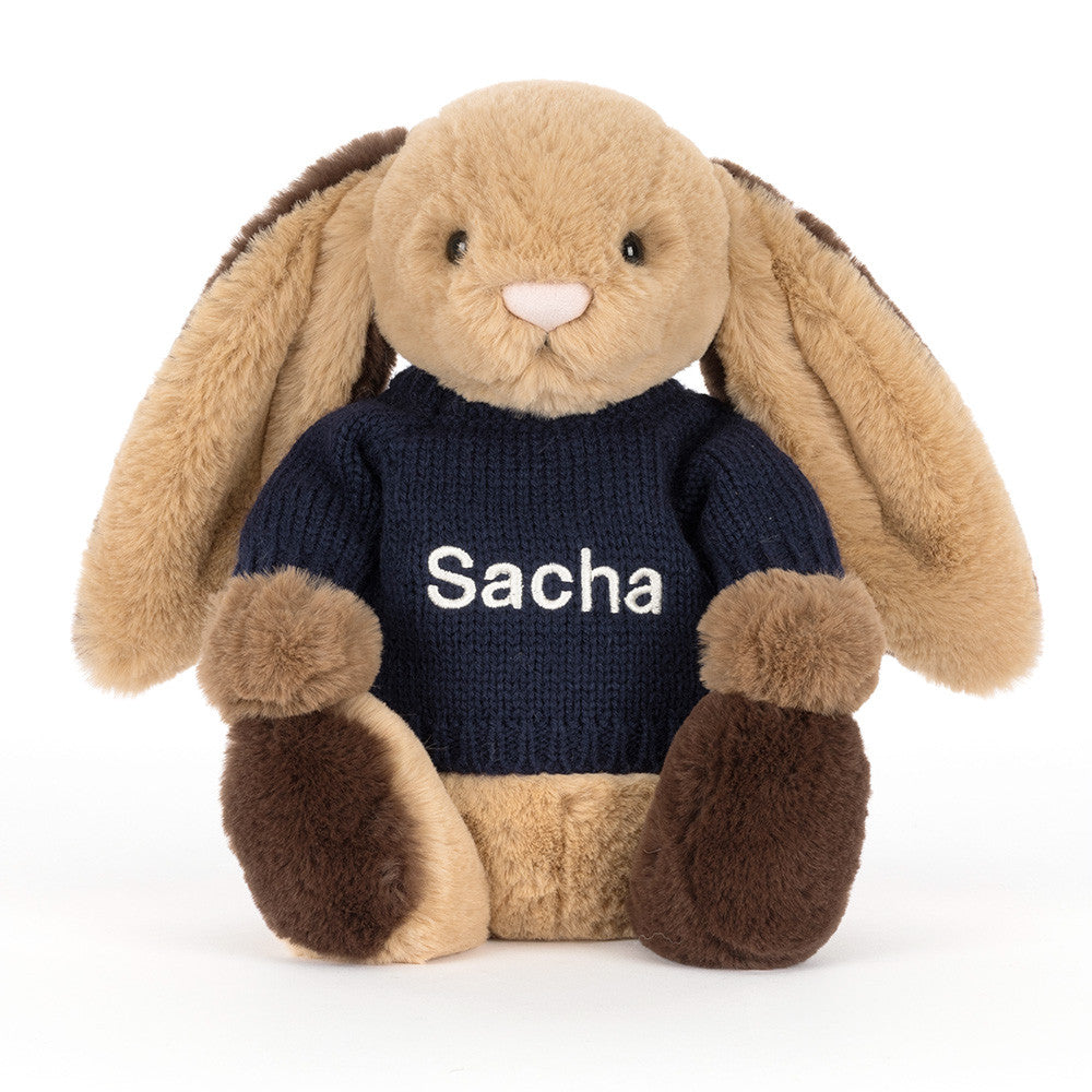 Jellycat Bashful Patchwork Brown Bunny with Personalized Navy Jumper