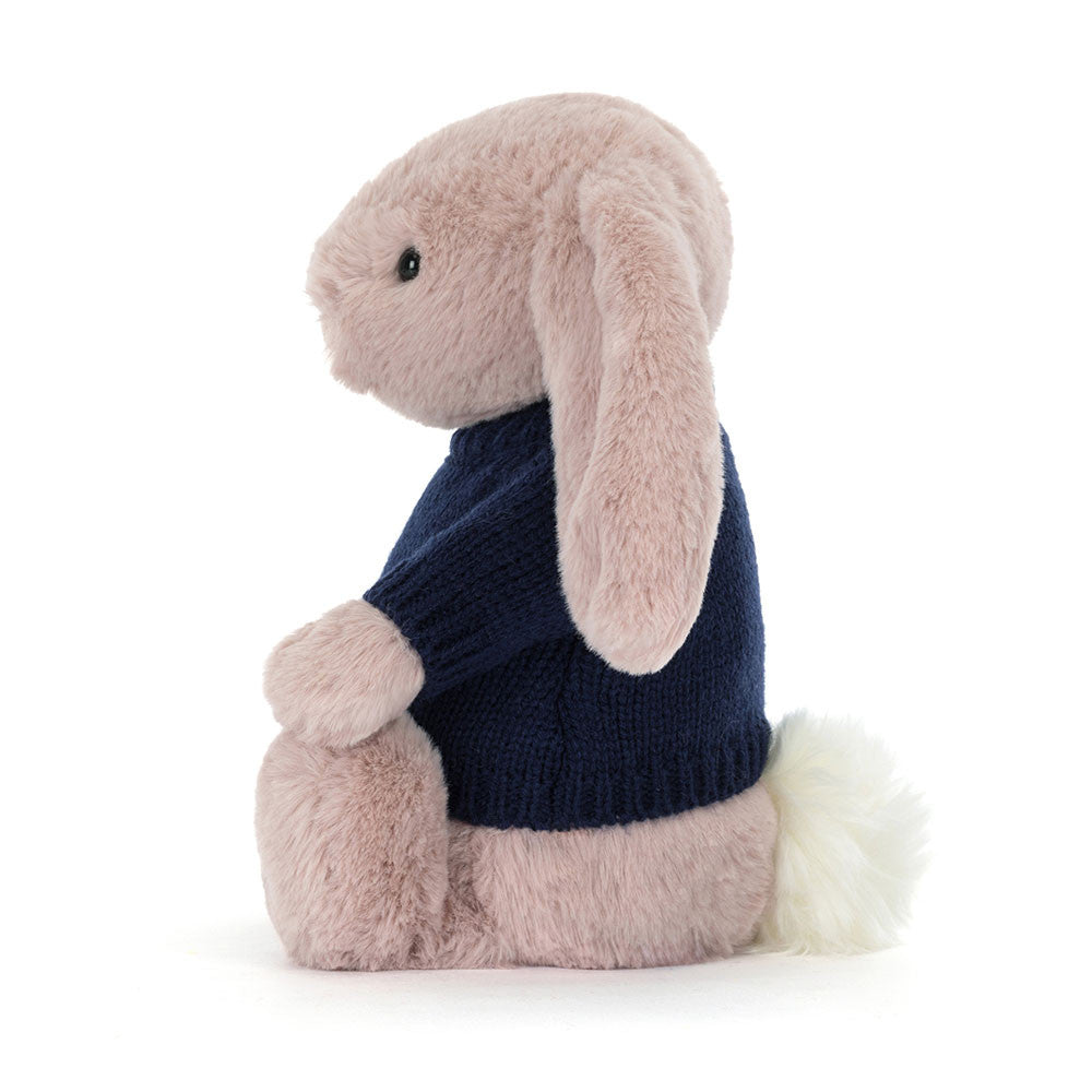 Jellycat Bashful Luxe Bunny Rosa with Personalized Navy Jumper
