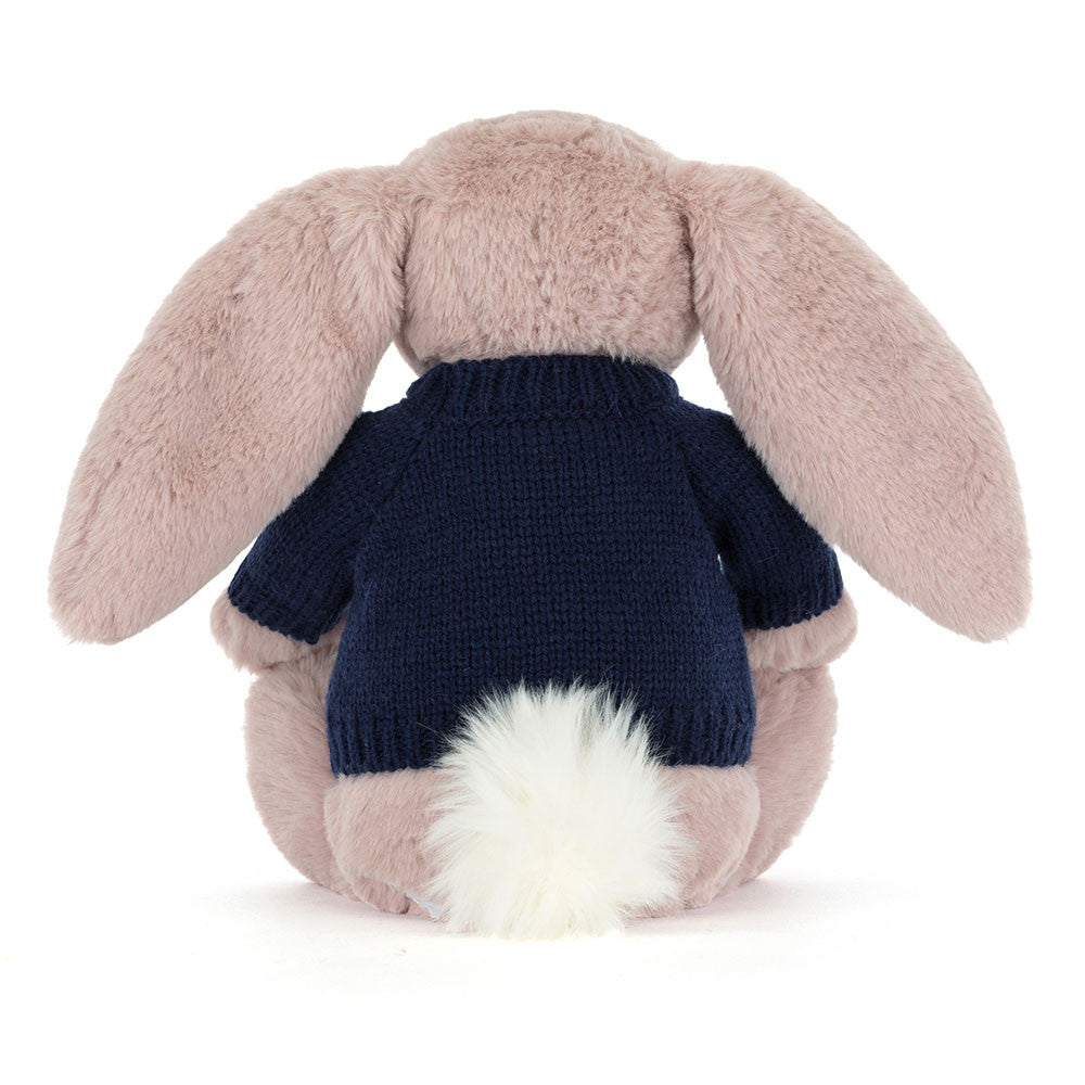 Jellycat Bashful Luxe Bunny Rosa with Personalized Navy Jumper