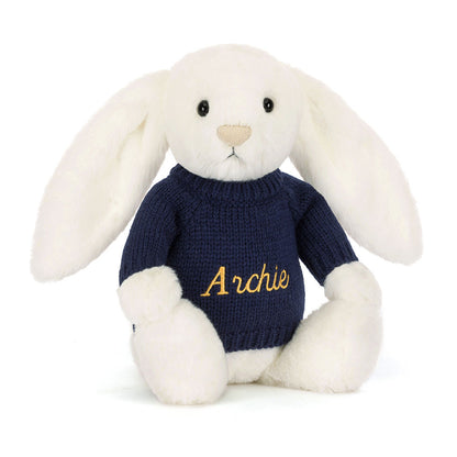 Jellycat Bashful Luxe Bunny Luna with Personalized Navy Jumper