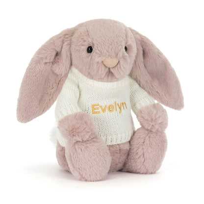 Jellycat Bashful Luxe Bunny Rosa with Personalized Cream Jumper