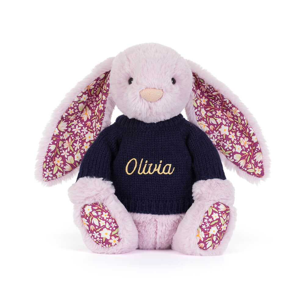 Jellycat Thistlepop Blossom Luxe Bunny with Personalized Navy Jumper