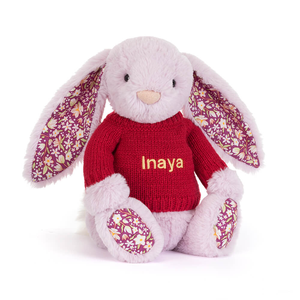 Jellycat Thistlepop Blossom Luxe Bunny with Personalized Red Jumper