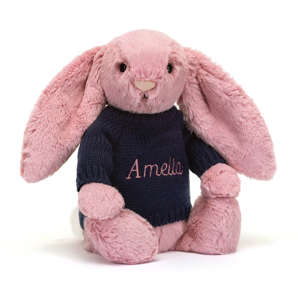 Jellycat Bashful Tulip Pink Bunny with Personalized Navy Jumper