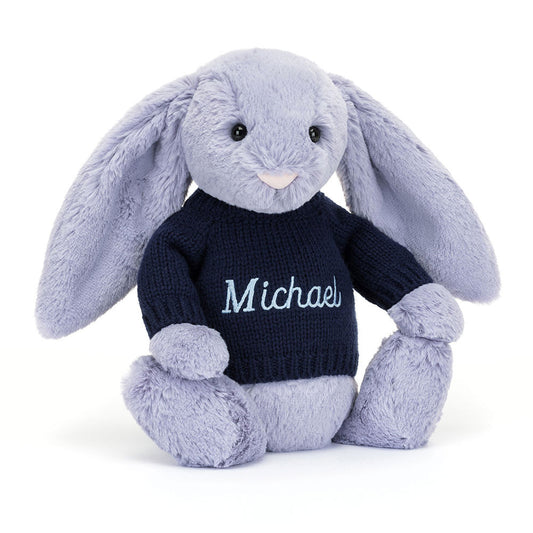 Jellycat Bashful Viola Bunny with Personalized Navy Jumper