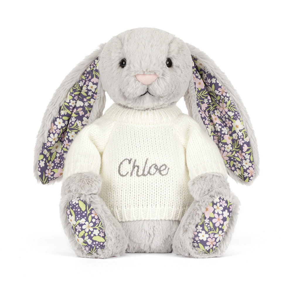 Jellycat Blossom Silver Bunny 'Bloom' with Personalized Cream Jumper