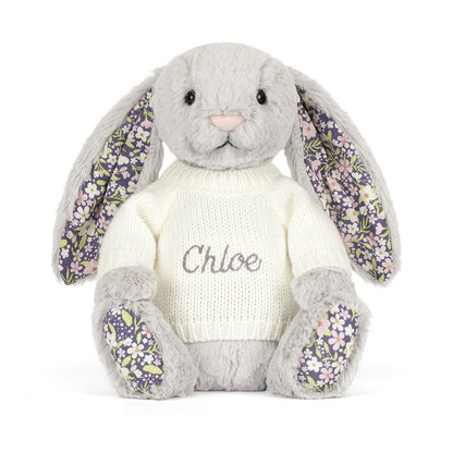 Jellycat Blossom Silver Bunny 'Bloom' with Personalized Cream Jumper