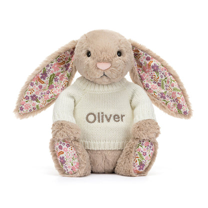 Jellycat Blossom Beige Bunny 'Petal' with Personalized Cream Jumper