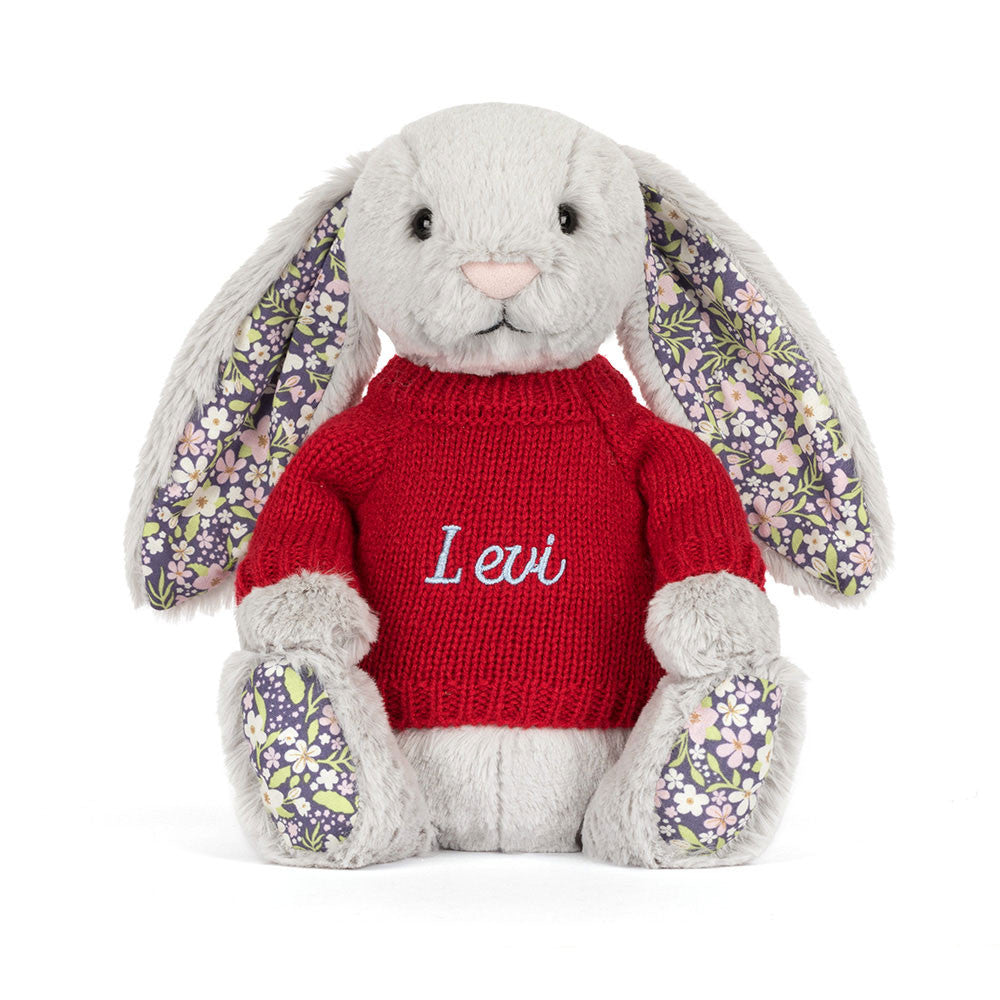 Jellycat Blossom Silver Bunny 'Bloom' with Personalized Red Jumper