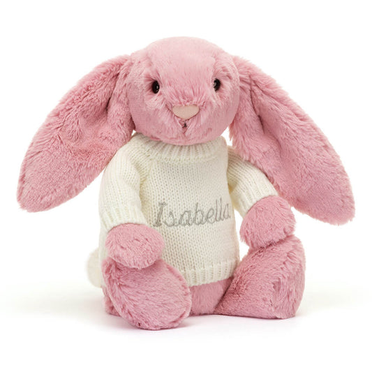 Jellycat Bashful Tulip Pink Bunny with Personalized Cream Jumper