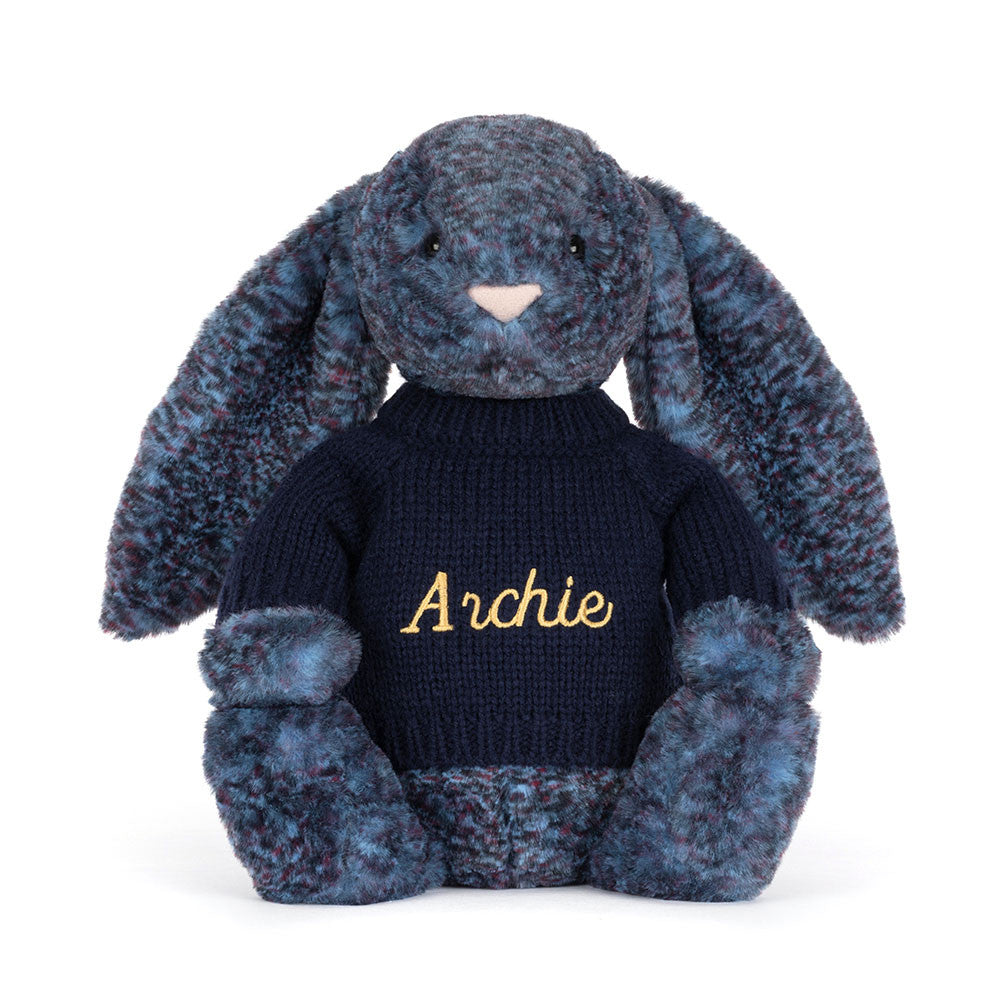 Jellycat Hopscone Luxe Bunny with Personalized Navy Jumper