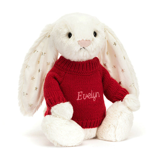 Jellycat Bashful Twinkle Bunny with Personalized Red Jumper