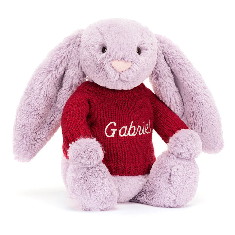 Jellycat Bashful Lilac Bunny with Personalized Red Jumper