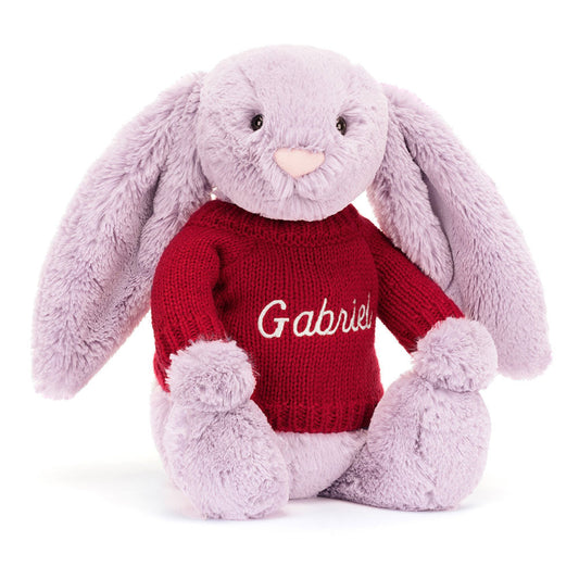 Jellycat Bashful Lilac Bunny with Personalized Red Jumper